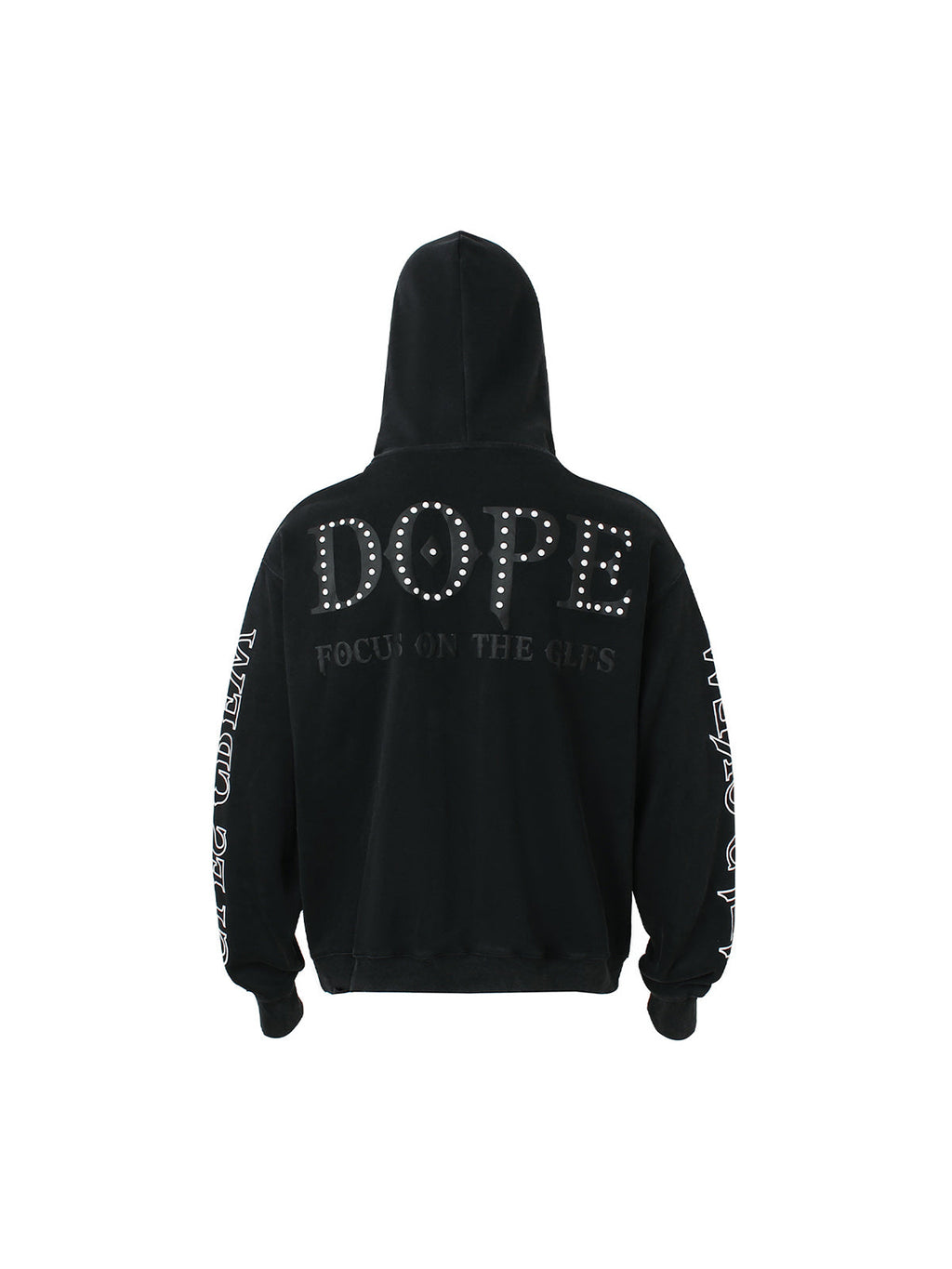 BLACK STUDDED HOODIE WITH GRAPHIC DOPE LETTERING AND EMBROIDERED COLLAR