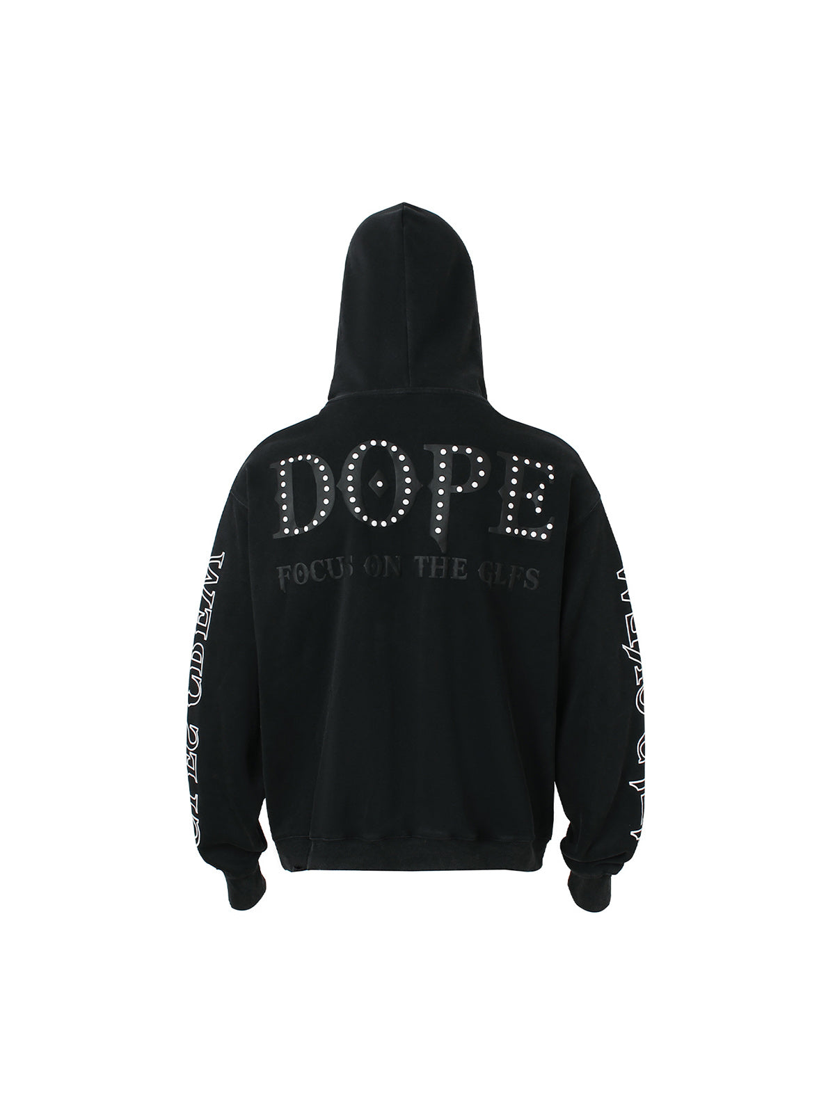 BLACK STUDDED HOODIE WITH GRAPHIC DOPE LETTERING AND EMBROIDERED COLLAR