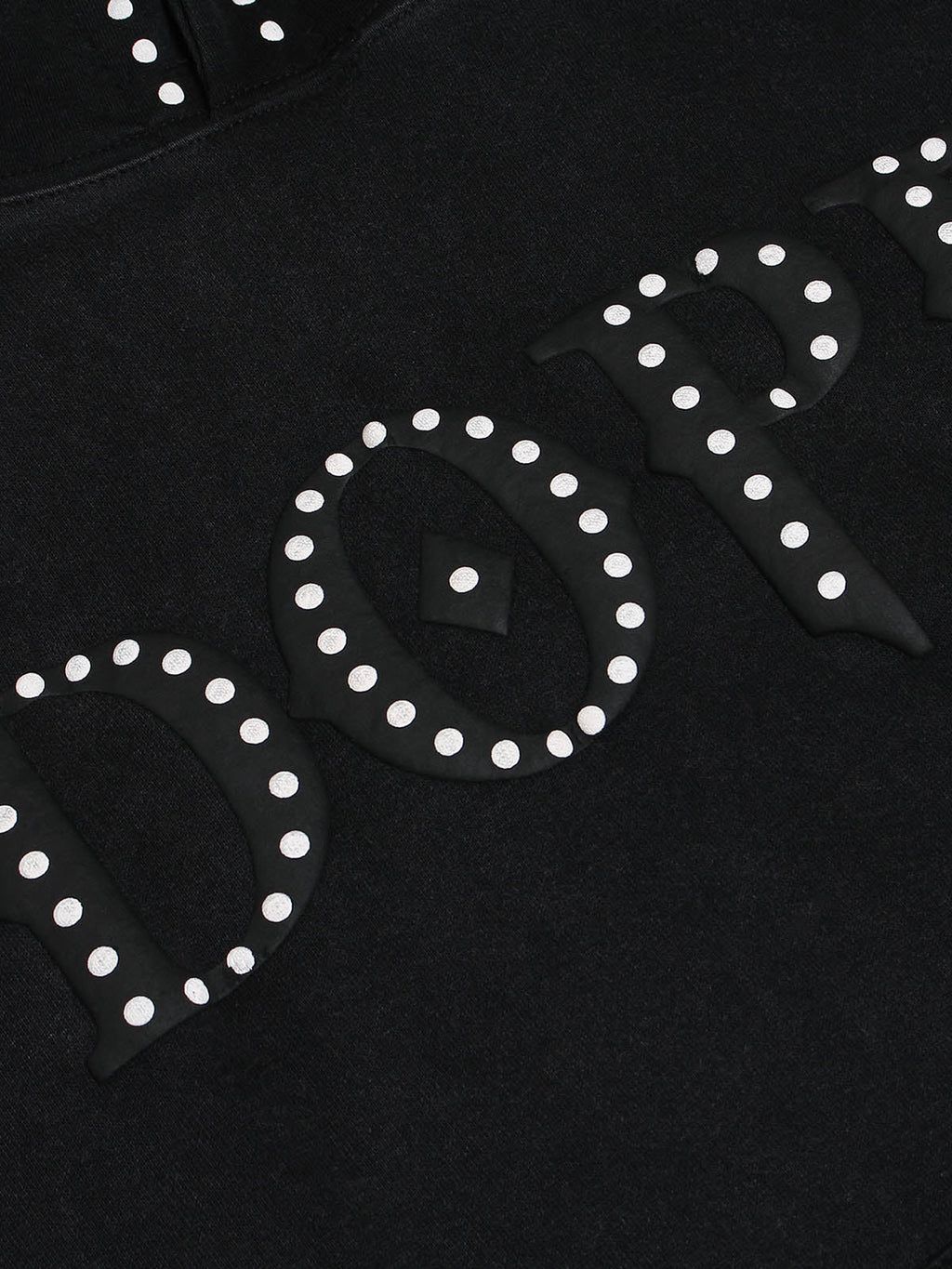 BLACK STUDDED HOODIE WITH GRAPHIC DOPE LETTERING AND EMBROIDERED COLLAR