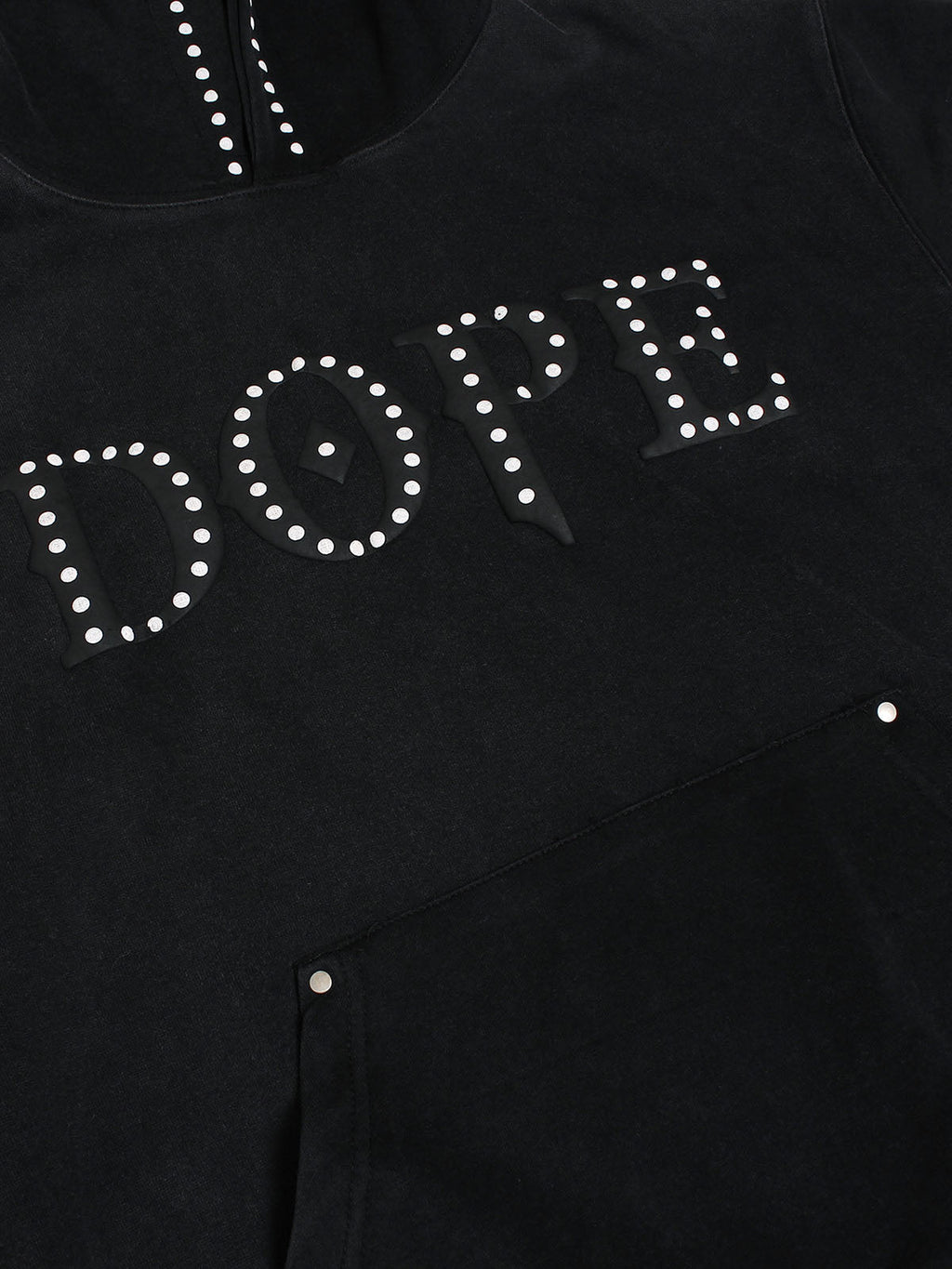 BLACK STUDDED HOODIE WITH GRAPHIC DOPE LETTERING AND EMBROIDERED COLLAR
