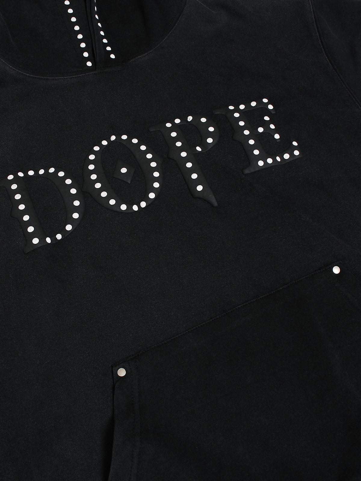 BLACK STUDDED HOODIE WITH GRAPHIC DOPE LETTERING AND EMBROIDERED COLLAR