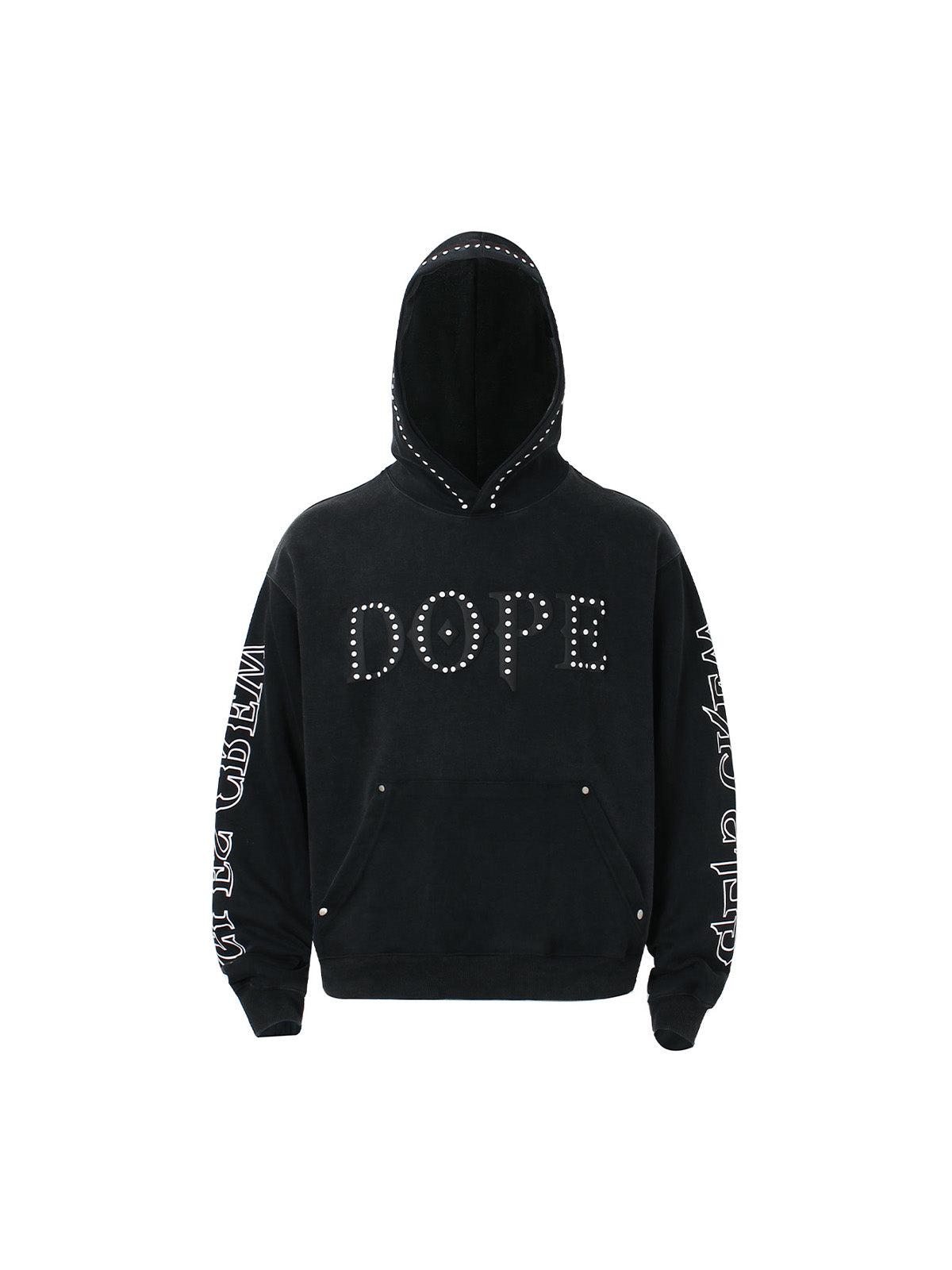 BLACK STUDDED HOODIE WITH GRAPHIC DOPE LETTERING AND EMBROIDERED COLLAR