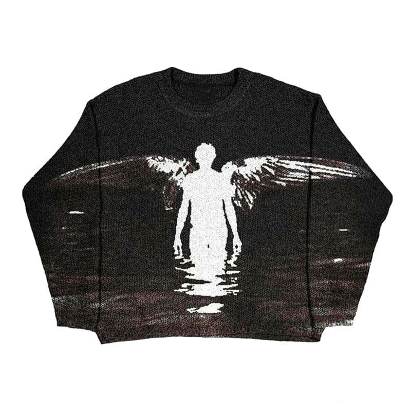 BLACK SWEATER WITH ANGEL GRAPHIC - GUARDIAN ANGEL SWEATER