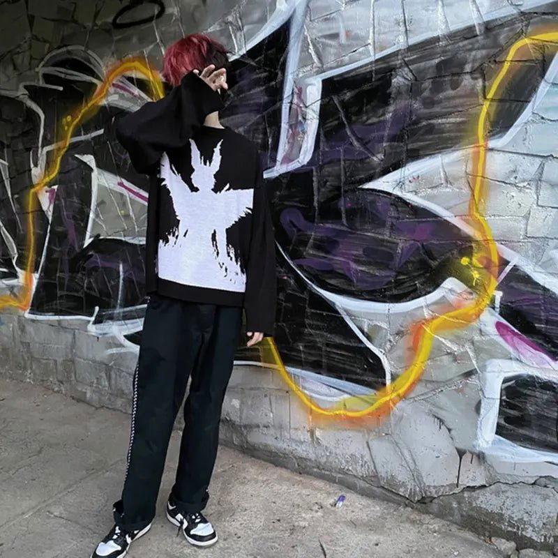 BLACK SWEATER WITH ANGEL GRAPHIC - Y2K GOOD N EVIL STYLE