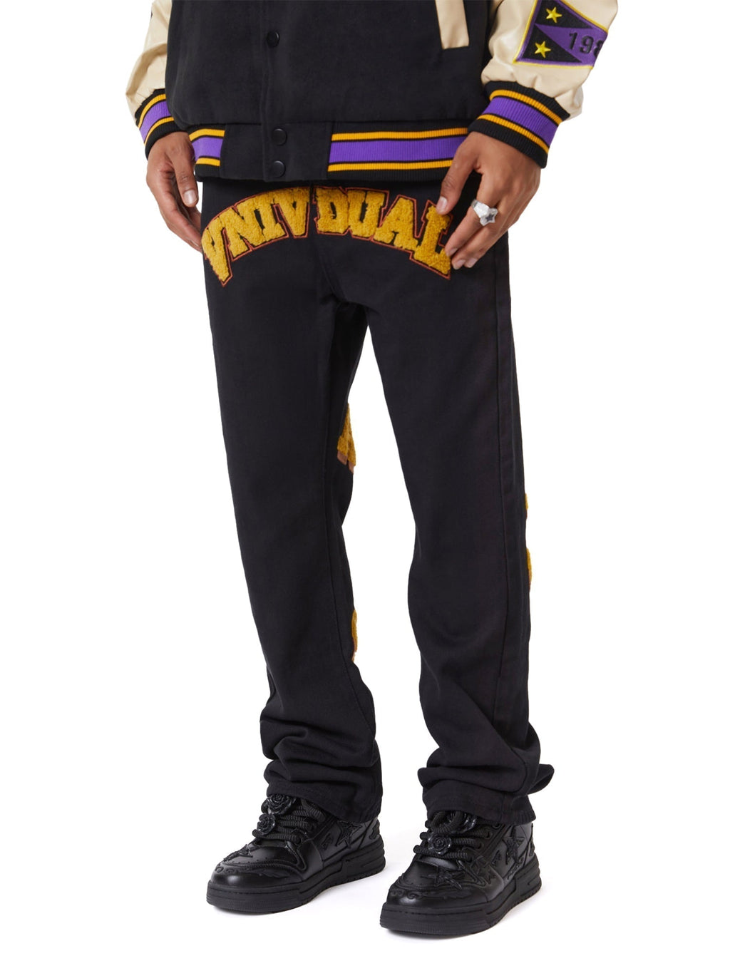 BLACK SWEATPANTS INDIVIDUAL MID WAIST COTTON BLEND LONG PANTS