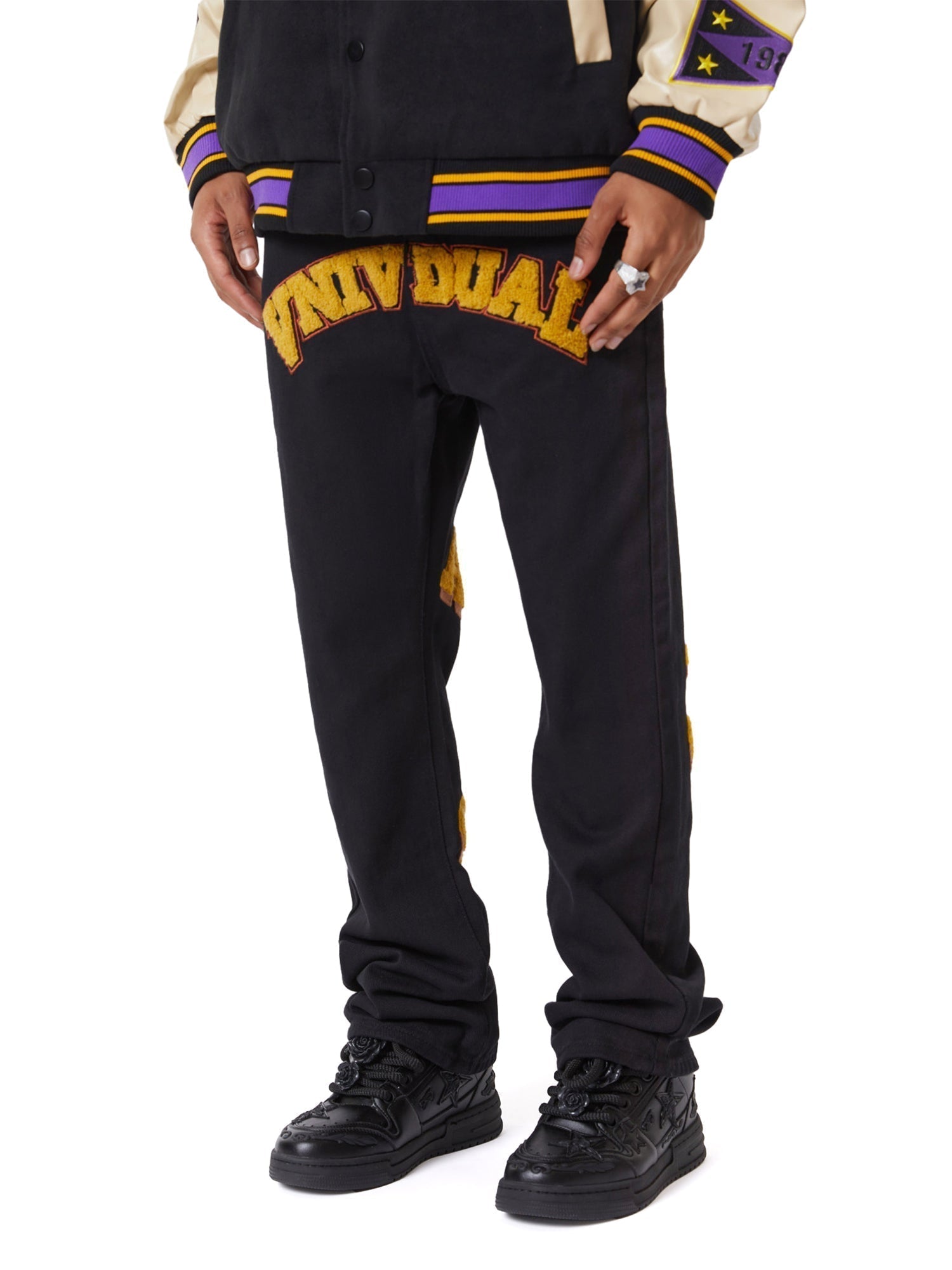 BLACK SWEATPANTS INDIVIDUAL MID WAIST COTTON BLEND LONG PANTS