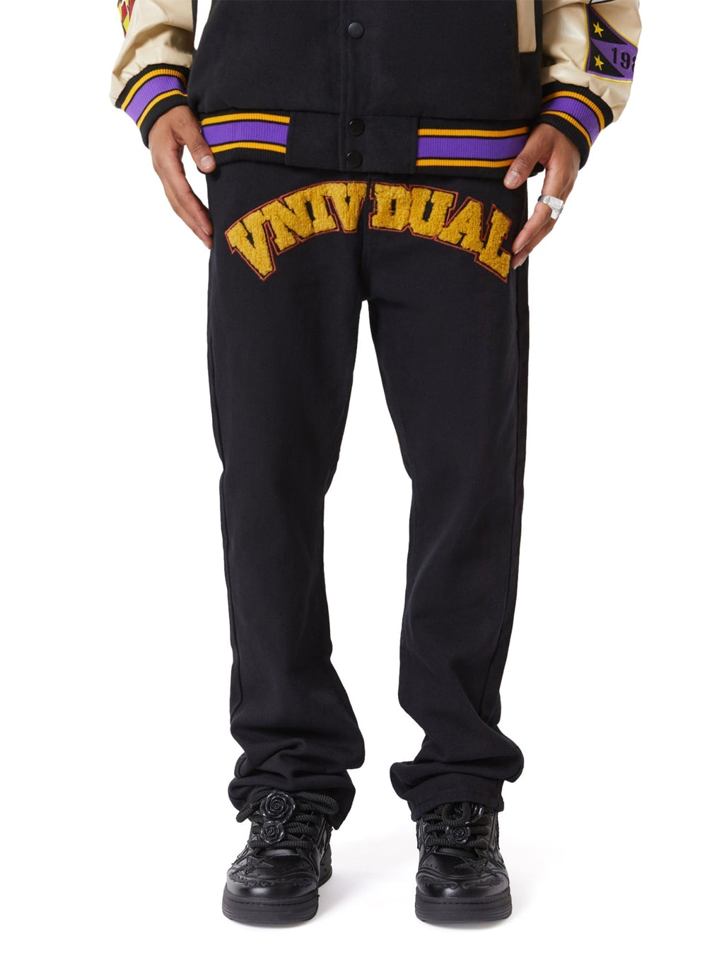 BLACK SWEATPANTS INDIVIDUAL MID WAIST COTTON BLEND LONG PANTS