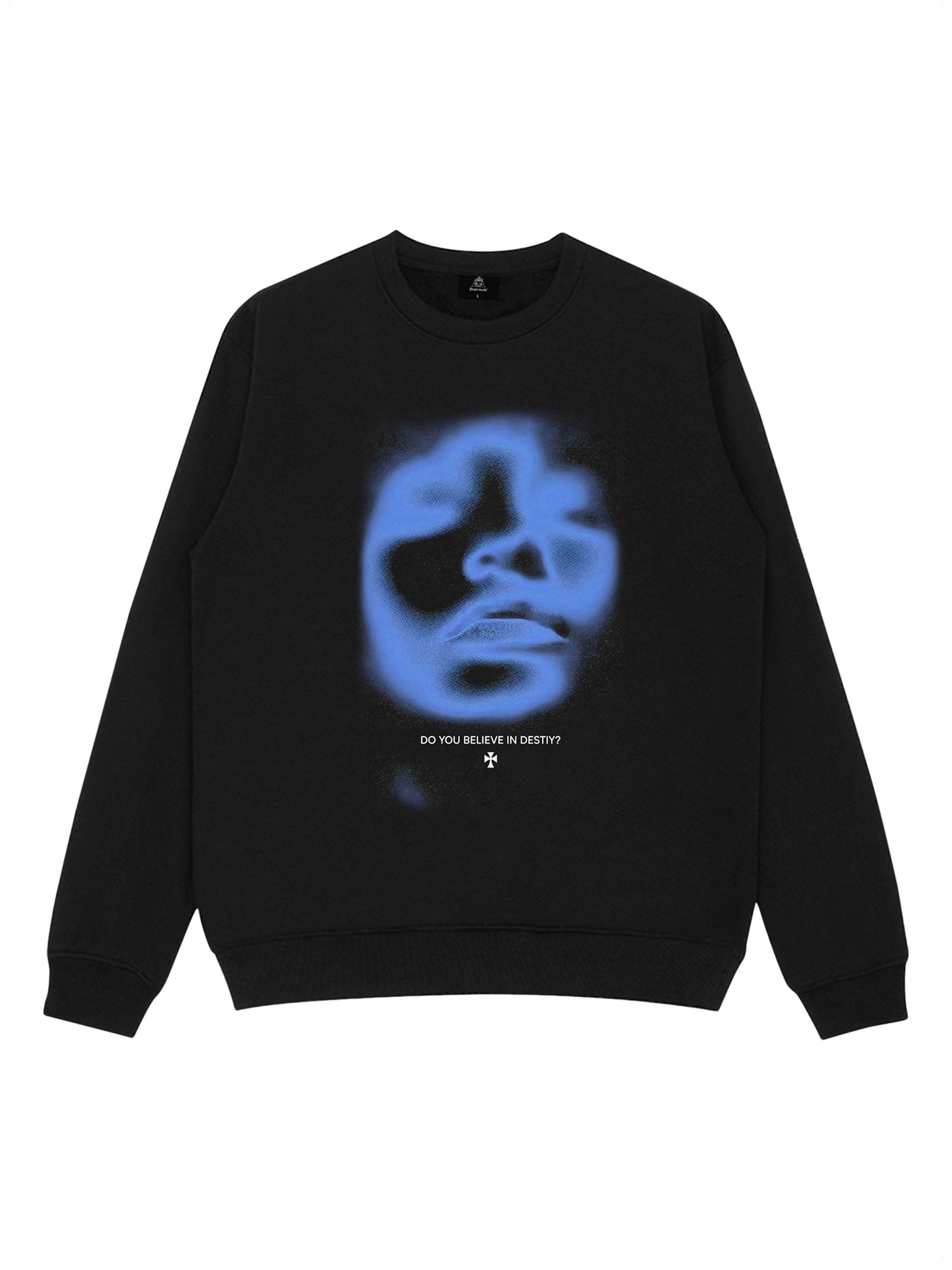 BLACK SWEATSHIRT WITH BLUE FACE GRAPHIC LONG SLEEVE LOOSE FIT