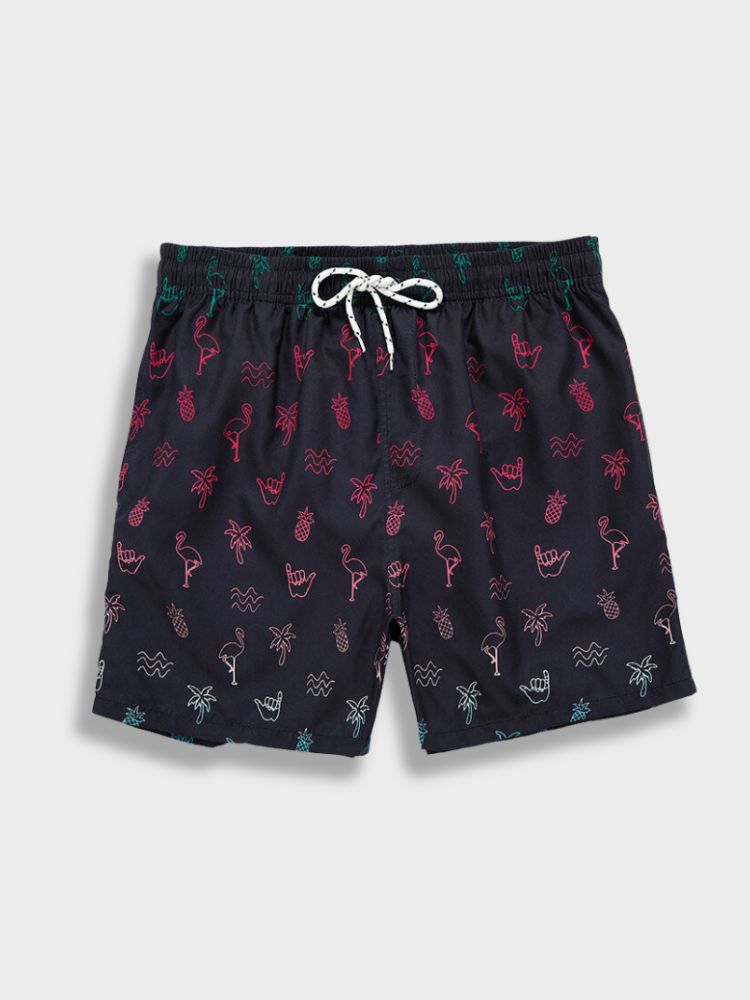 BLACK SWIM TRUNKS WITH TROPICAL PATTERN