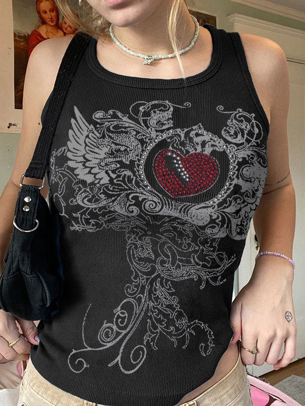 BLACK TANK TOP WITH HEART GRAPHIC AND RHINESTONE MOTIF