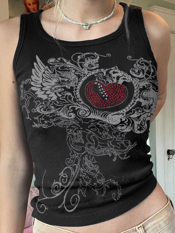 BLACK TANK TOP WITH HEART GRAPHIC AND RHINESTONE MOTIF