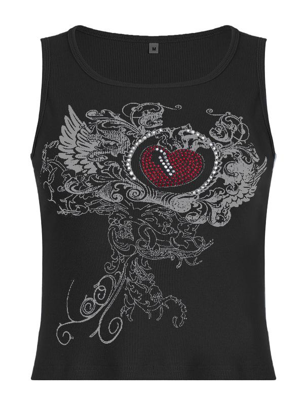 BLACK TANK TOP WITH HEART GRAPHIC AND RHINESTONE MOTIF