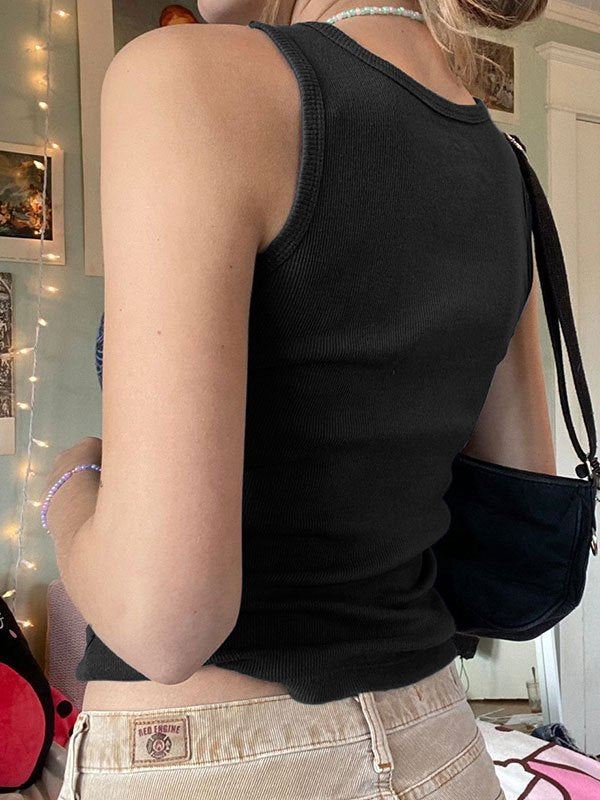 BLACK TANK TOP WITH HEART GRAPHIC AND RHINESTONE MOTIF