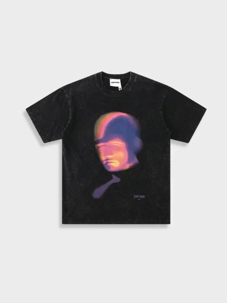 BLACK THERMAL IMAGE T-SHIRT FEATURING DISTRESSED FACE DESIGN