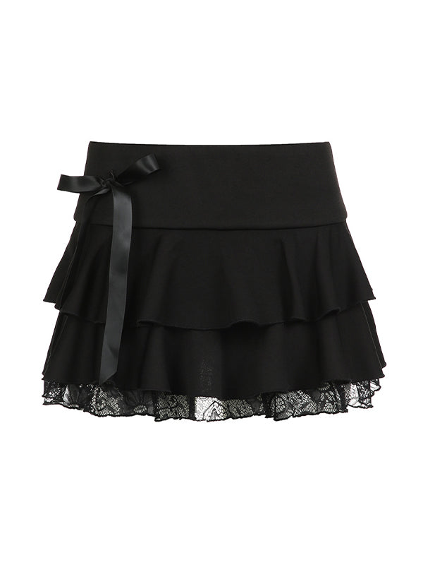 BLACK TIERED MINI SKIRT WITH LACE TRIM CUTE Y2K STYLE