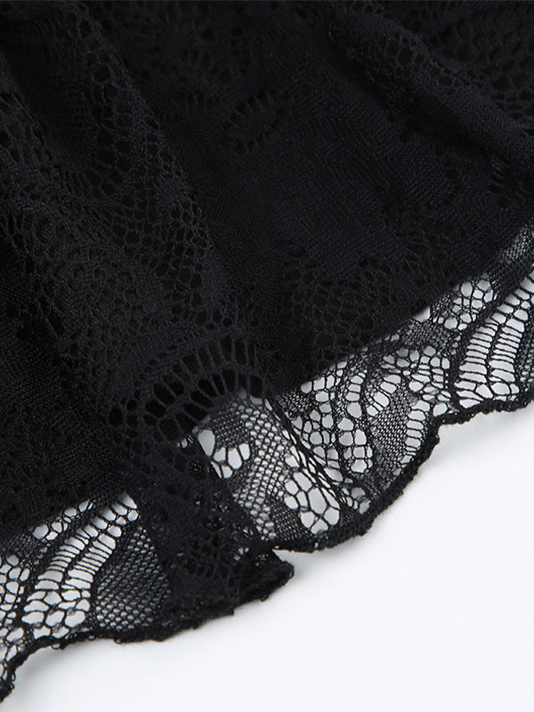 BLACK TIERED MINI SKIRT WITH LACE TRIM CUTE Y2K STYLE