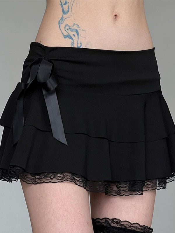 BLACK TIERED MINI SKIRT WITH LACE TRIM CUTE Y2K STYLE