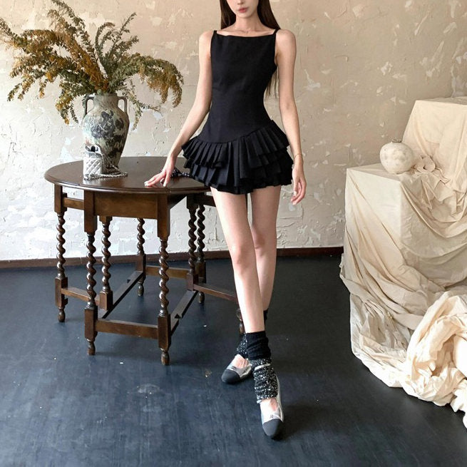 BLACK TIERED PLEATED DRESS BALLETCORE AESTHETIC