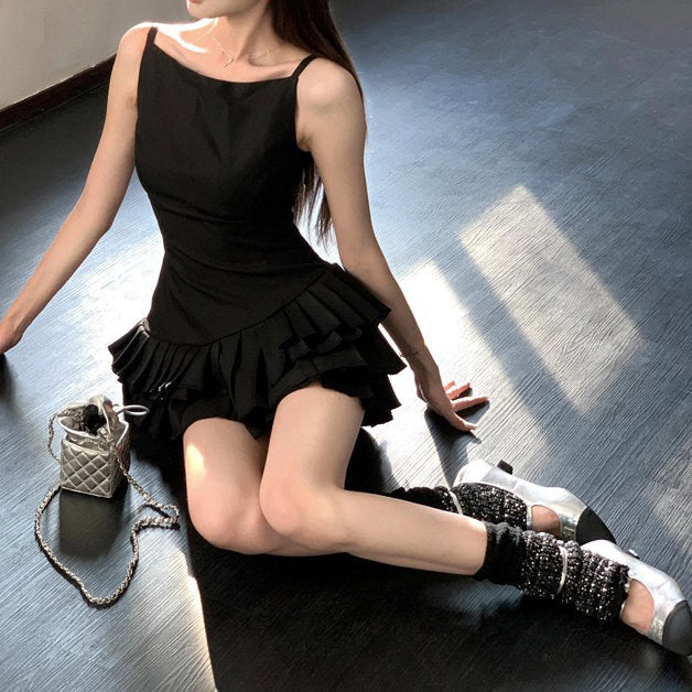 BLACK TIERED PLEATED DRESS BALLETCORE AESTHETIC