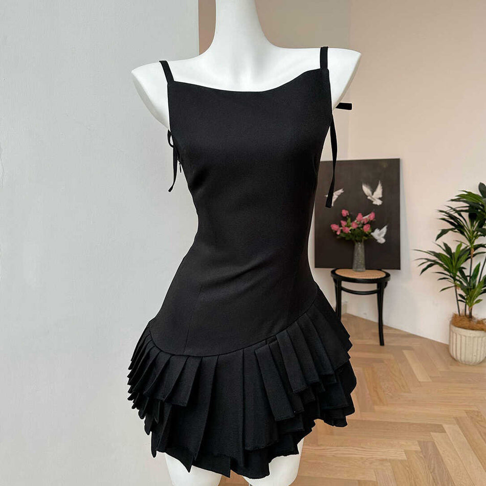 BLACK TIERED PLEATED DRESS BALLETCORE AESTHETIC