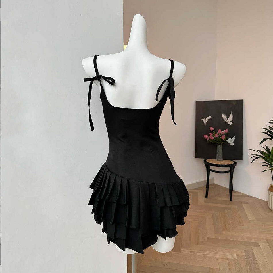 BLACK TIERED PLEATED DRESS BALLETCORE AESTHETIC