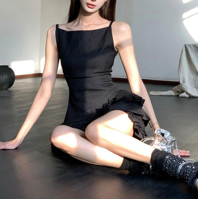 BLACK TIERED PLEATED DRESS BALLETCORE AESTHETIC