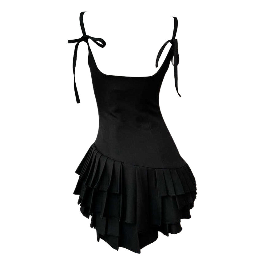BLACK TIERED PLEATED DRESS BALLETCORE AESTHETIC