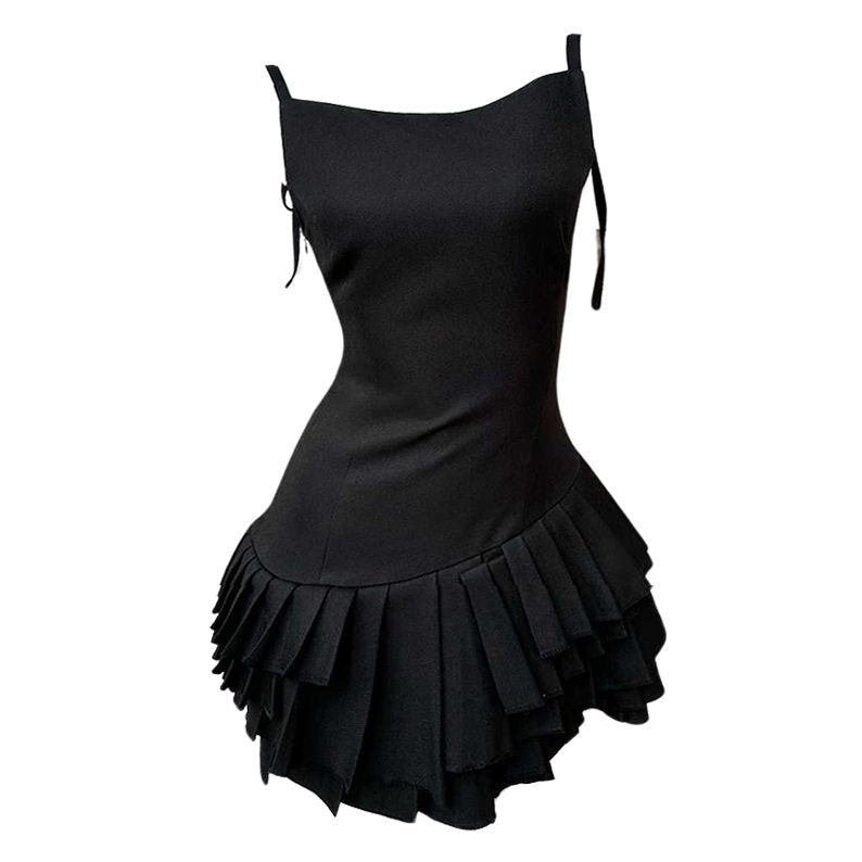 BLACK TIERED PLEATED DRESS BALLETCORE AESTHETIC