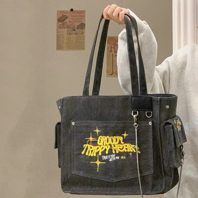 BLACK TOTE BAG WITH EMBROIDERED POCKET FOR EVERYDAY