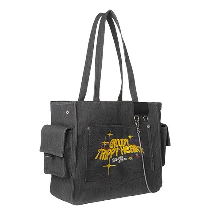 BLACK TOTE BAG WITH EMBROIDERED POCKET FOR EVERYDAY