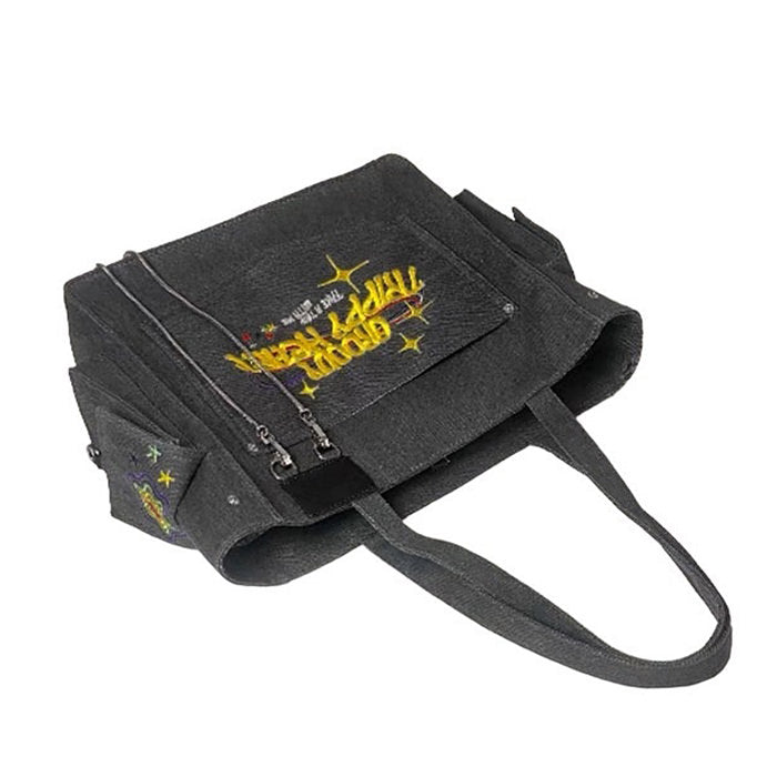 BLACK TOTE BAG WITH EMBROIDERED POCKET FOR EVERYDAY