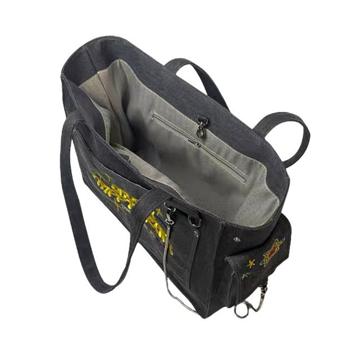 BLACK TOTE BAG WITH EMBROIDERED POCKET FOR EVERYDAY