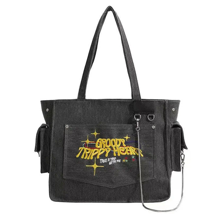 BLACK TOTE BAG WITH EMBROIDERED POCKET FOR EVERYDAY