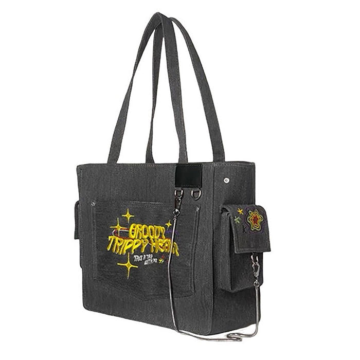 BLACK TOTE BAG WITH EMBROIDERED POCKET FOR EVERYDAY