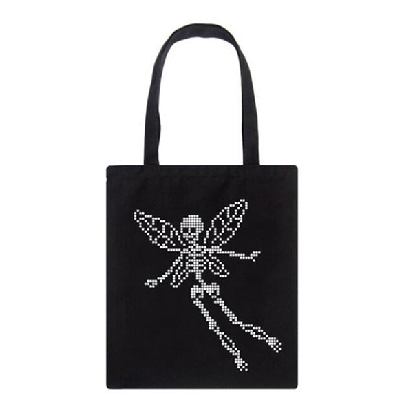 BLACK TOTE BAG WITH SKELETON FAIRY DESIGN FOR GOTHIC FASHION