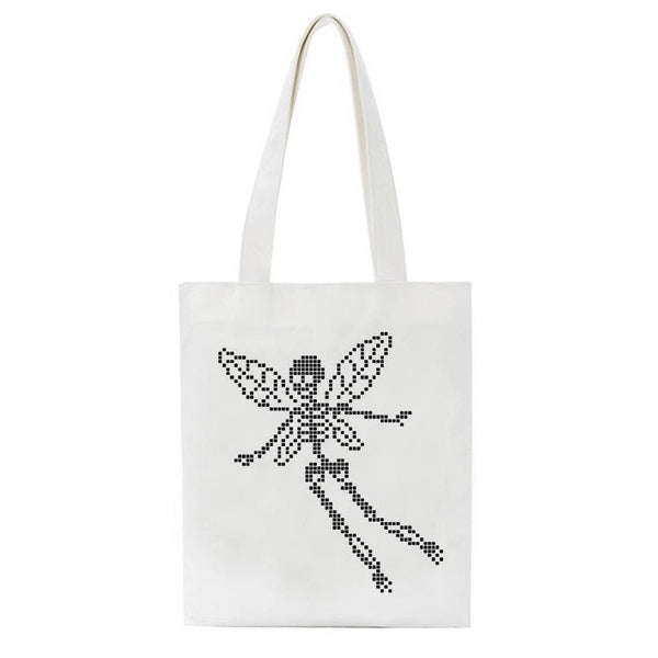BLACK TOTE BAG WITH SKELETON FAIRY DESIGN FOR GOTHIC FASHION