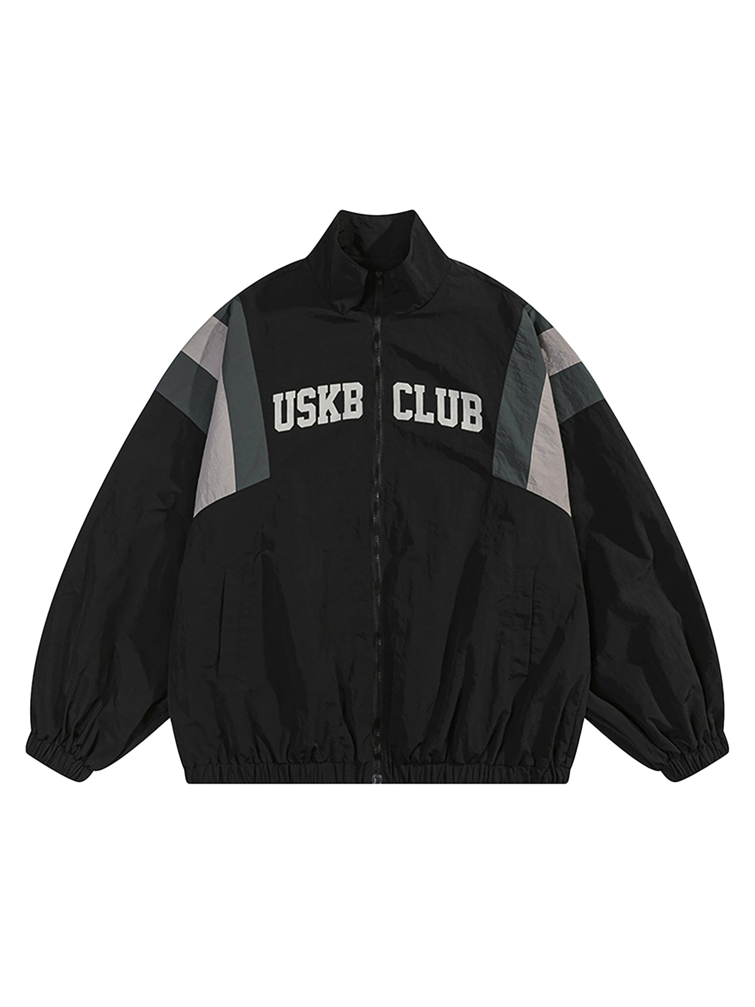 BLACK TRACK JACKET WITH GRAY ACCENTS LONG SLEEVE SPLICED DESIGN