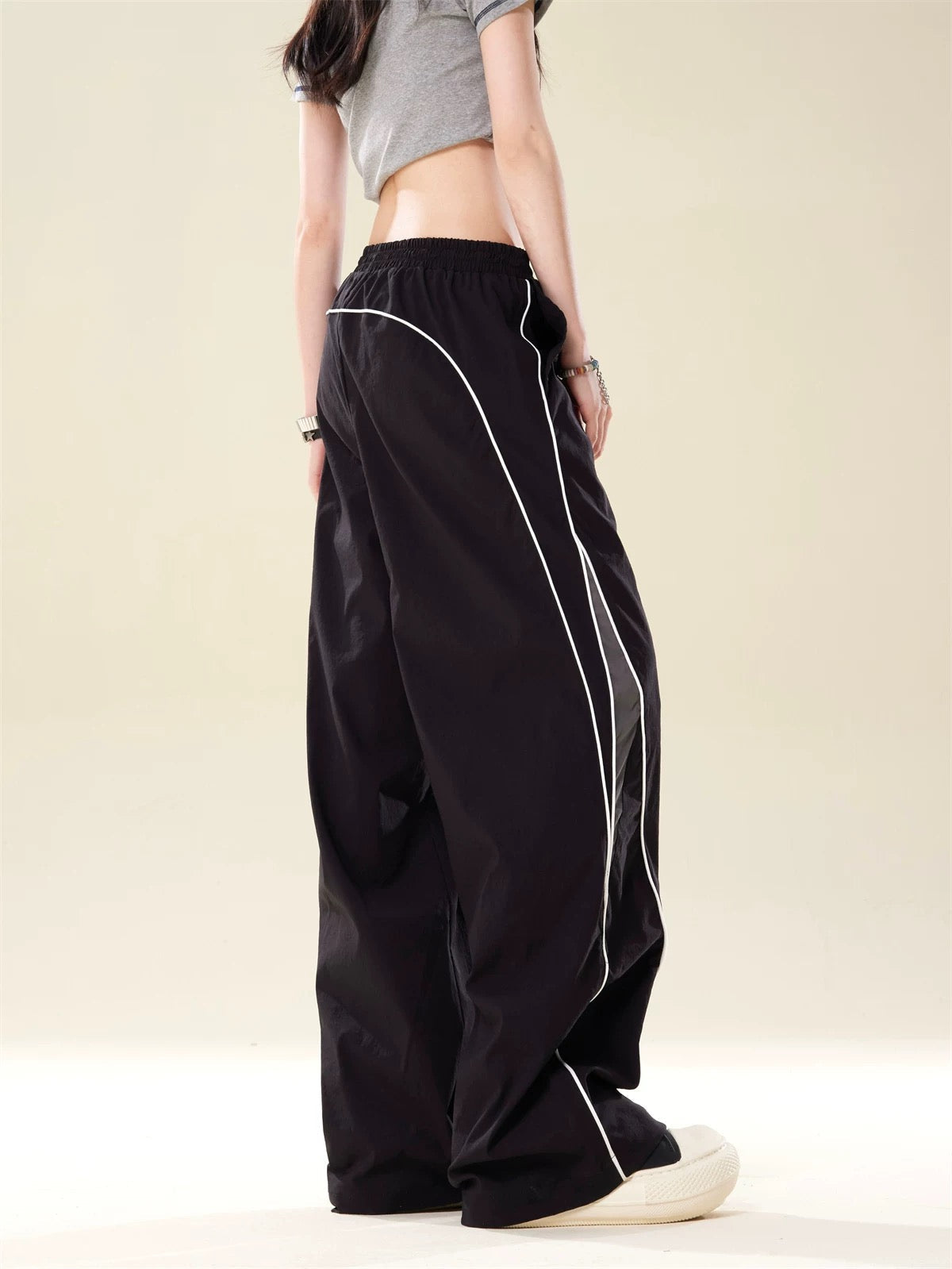 BLACK TRACK PANTS WITH WHITE ACCENTS - LONG PANTS MID WAIST STRAIGHT LEG