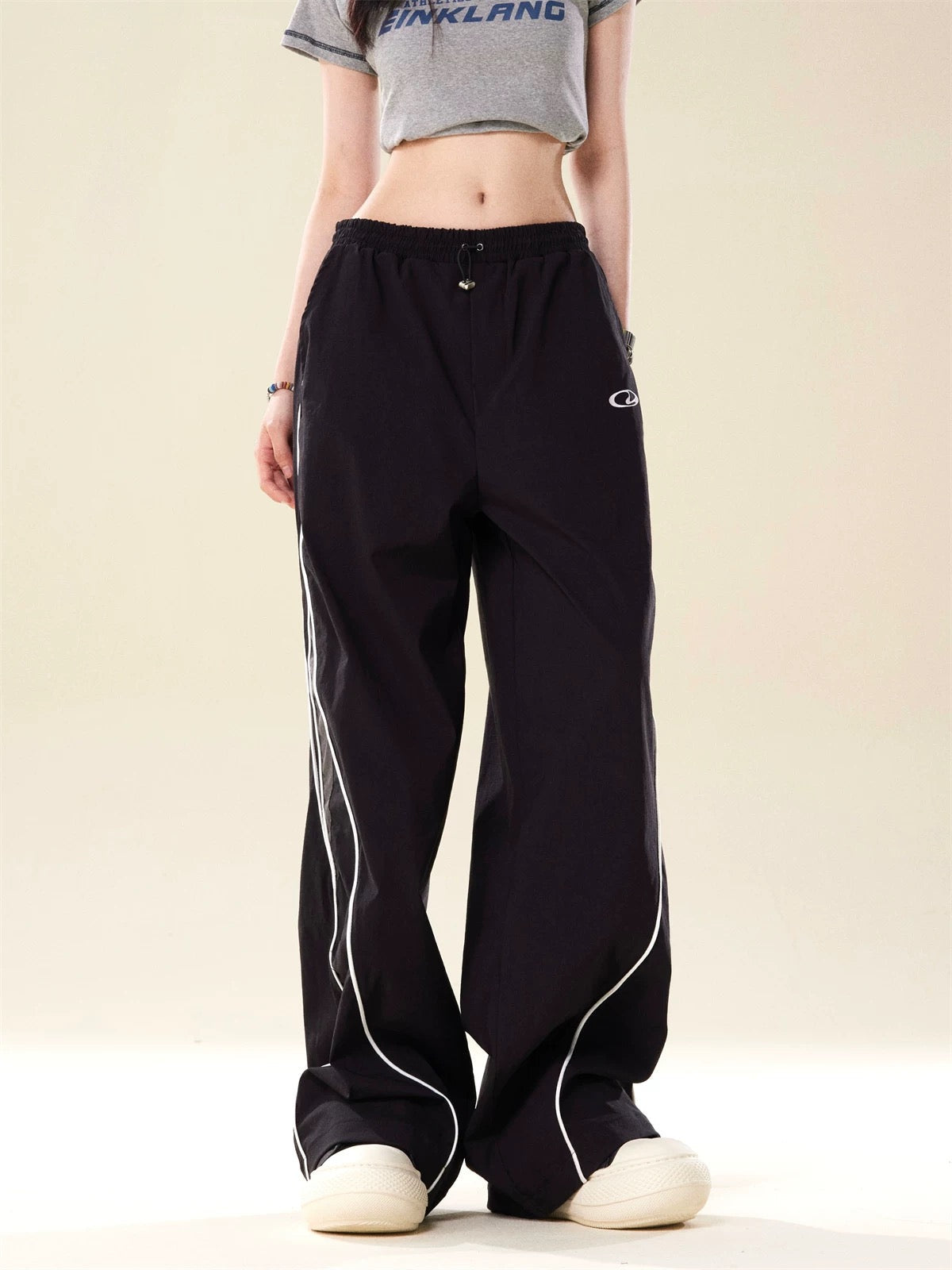 BLACK TRACK PANTS WITH WHITE ACCENTS - LONG PANTS MID WAIST STRAIGHT LEG