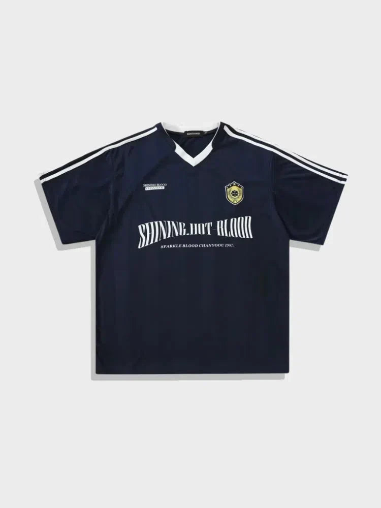 BLACK V-NECK FOOTBALL TEE WITH WHITE STRIPES - SPARKLE FOOTBALL TEE