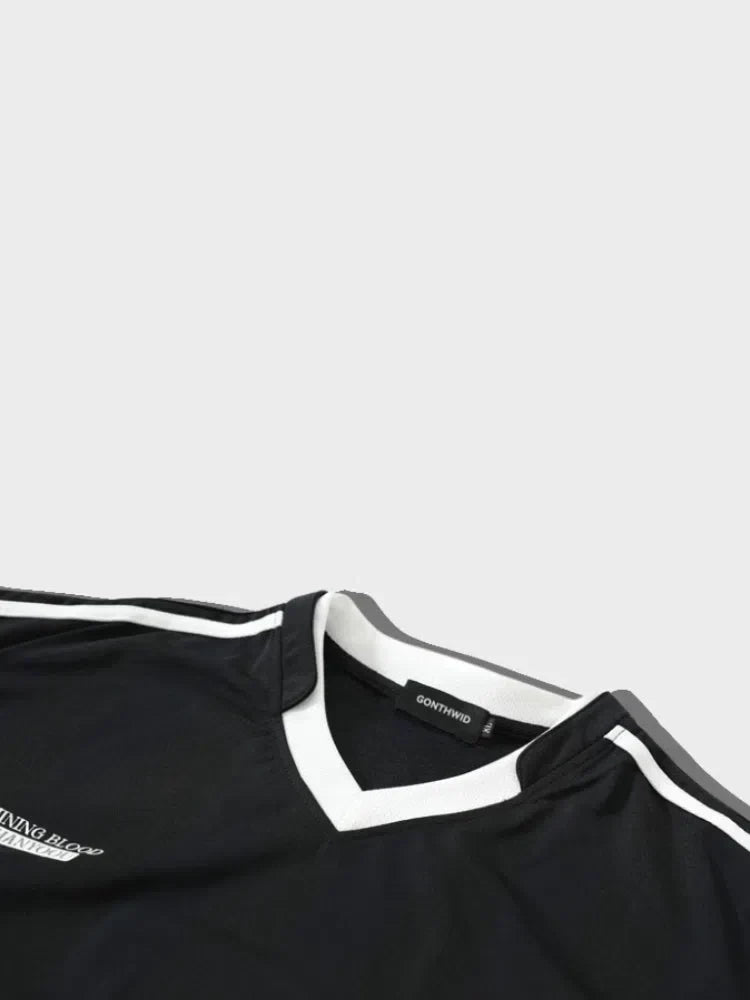 BLACK V-NECK FOOTBALL TEE WITH WHITE STRIPES - SPARKLE FOOTBALL TEE