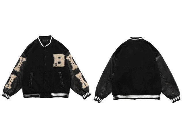 BLACK VARSITY JACKET WITH BONE SLEEVES CETTE VESTE EST CHIC