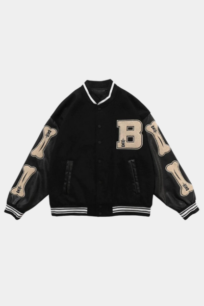 BLACK VARSITY JACKET WITH BONE SLEEVES CETTE VESTE EST CHIC