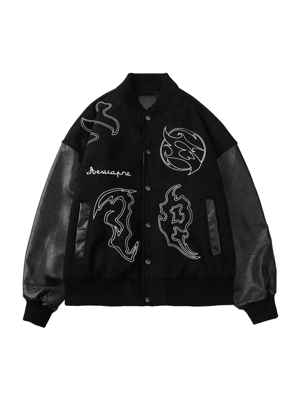 BLACK VARSITY JACKET WITH EMBROIDERED DESIGNS - SYMBOL EMBROIDERY