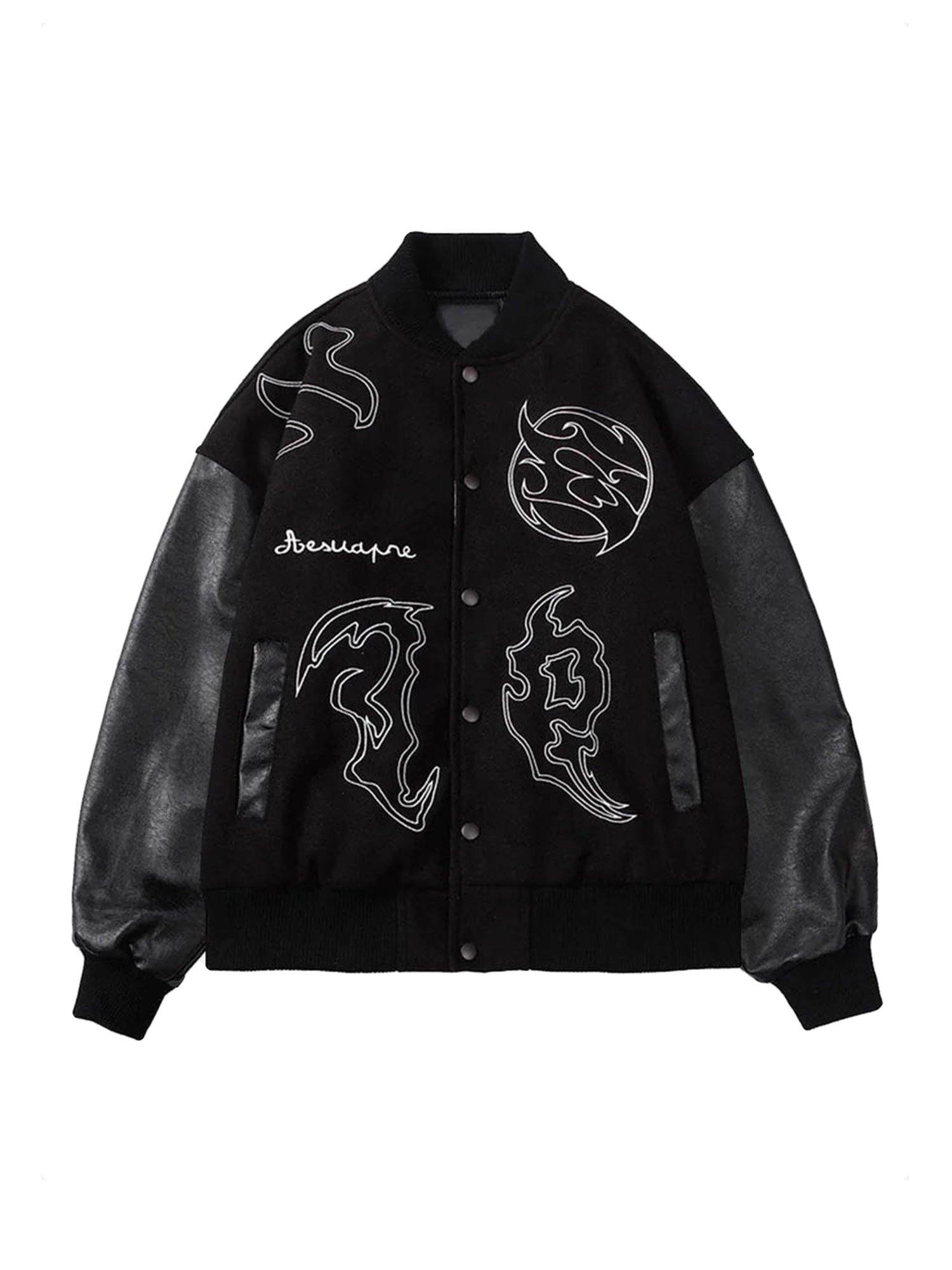 BLACK VARSITY JACKET WITH EMBROIDERED DESIGNS - SYMBOL EMBROIDERY