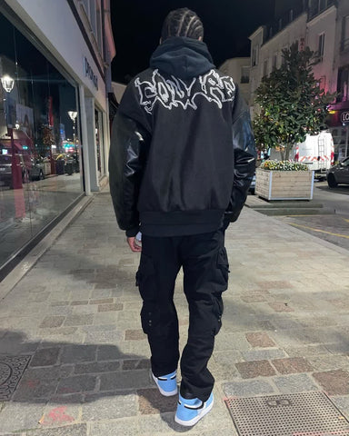 BLACK VARSITY JACKET WITH EMBROIDERED DESIGNS - SYMBOL EMBROIDERY