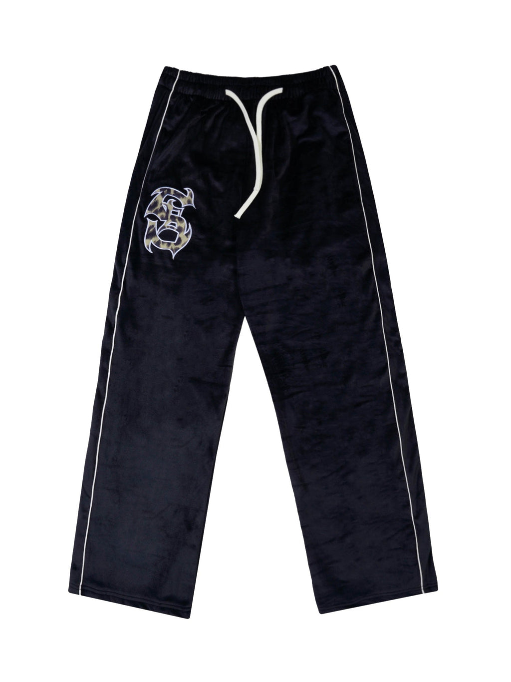 BLACK VELOUR TRACK PANTS WITH WHITE TRIM EMBROIDERED MID WAIST