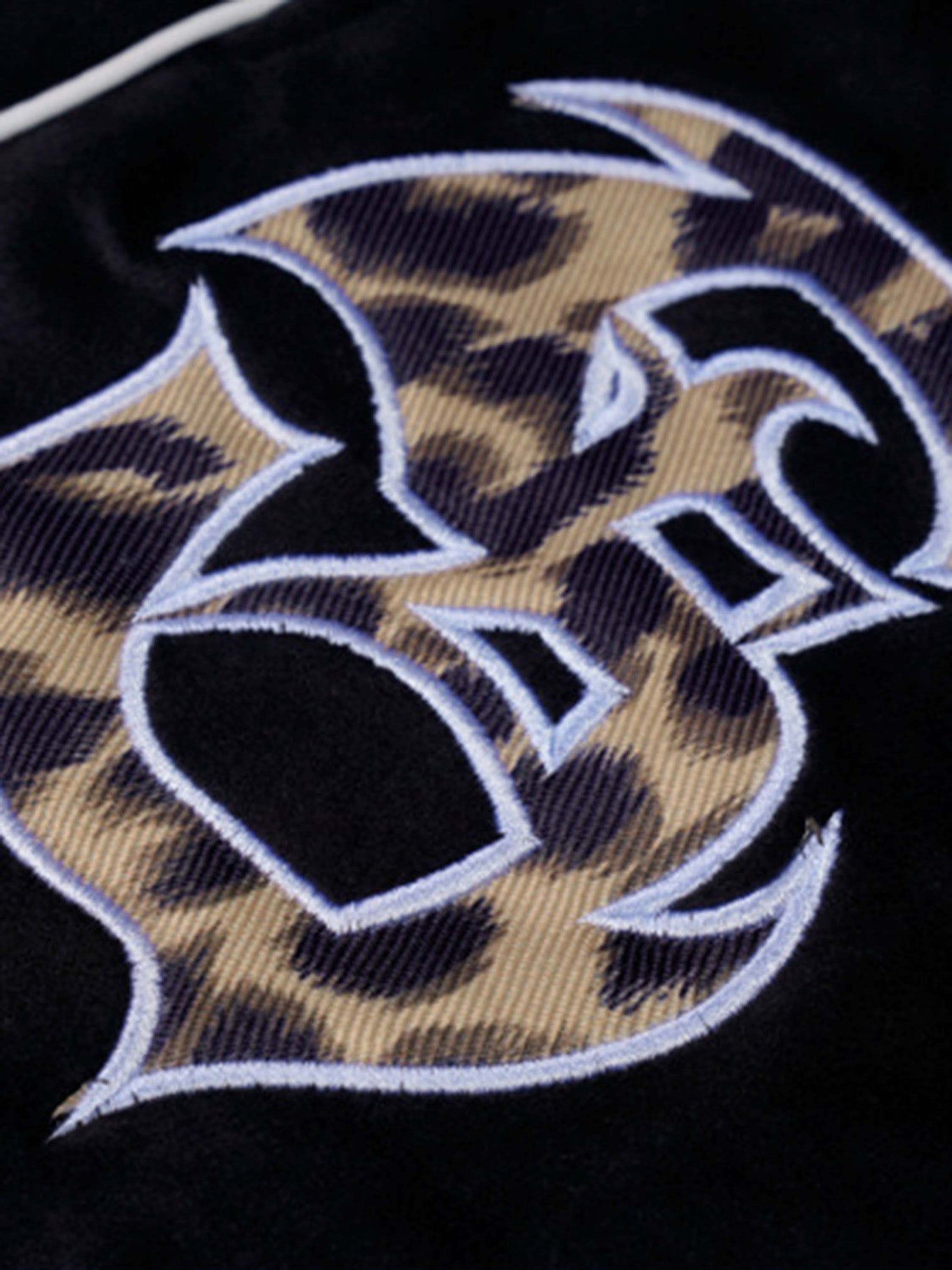 BLACK VELOUR TRACK PANTS WITH WHITE TRIM EMBROIDERED MID WAIST