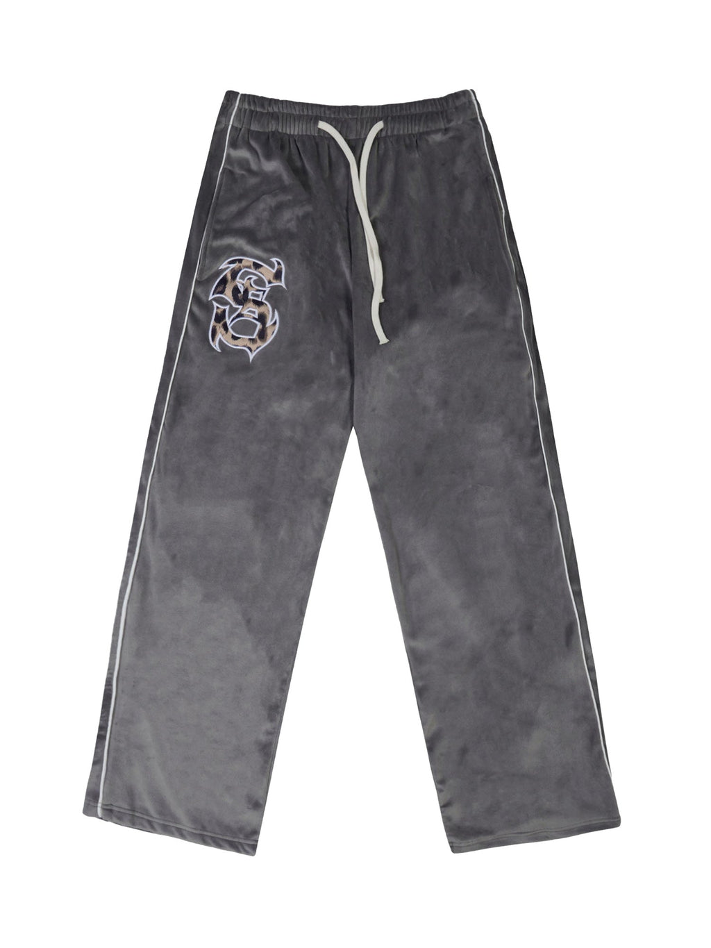 BLACK VELOUR TRACK PANTS WITH WHITE TRIM EMBROIDERED MID WAIST
