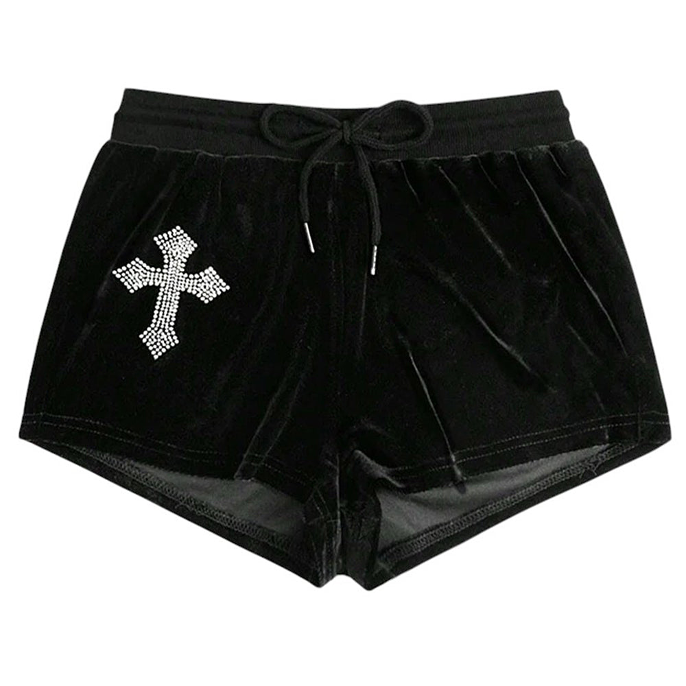 BLACK VELVET SHORTS WITH RHINESTONE CROSS FOR WOMEN